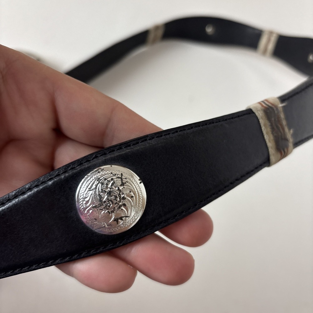 Nocona Western Leather Conchos Black w Silver Horse Buckle Belt Sz 44 - Picture 5 of 11